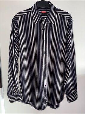Report Black and White Vertical Stripe Dress Shirt